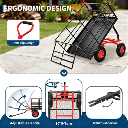 GarveeLife 1500 Lbs Garden Dump Cart with 13" All-Terrain Tires, Dump Frame, 3-in-1 Convertible Yard Wagon & Swivel Handle – Black Frame, Red Rims & Handlebars - size: 1500lbs Dump