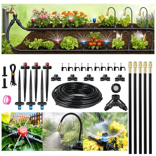 50FT Drip Irrigation System for Starter: Small Garden Quick Connect 1/4" PE Water Tubing Automatic 11Pcs Sprinkler Kit Adjustable Misting Part Watering Hose Outdoor Raised Bed Plants Flower Greenhouse - size: 50FT