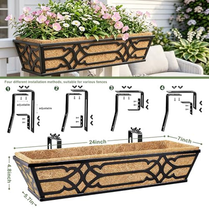 2 Pack 24 Inch Railing Planter Boxes with PET Water Storage Tray & Coco Liner, Window Boxes Planters for Deck Railing, Metal Hanging Flower Box for Outdoor Balcony Fence and Patio Garden - size: 24 Inch