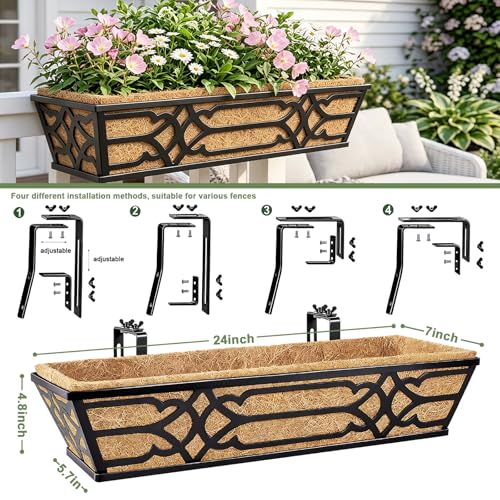 4 Pack 24 Inch Window Boxes Planters with PET Tray and Coco Liner, Metal Railing Planter Boxes for Outdoor Plants, Heavy Duty Hanging Garden Trough for Porch Deck Railing and Backyard Fence - size: 24 Inch