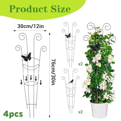 4 Pack 30 Inch Taller Plant Trellis for Potted Climbing Plants Indoor, Black Metal Garden Trellis with Butterfly & Bird Designs - Sturdy Expandable Plant Support for Ivy, Pothos, Monstera