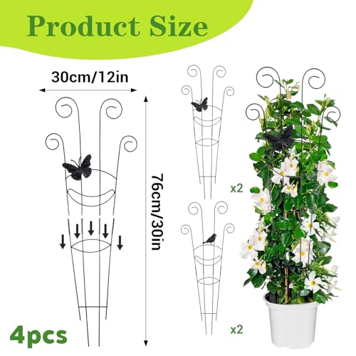 4 Pack 30 Inch Taller Plant Trellis for Potted Climbing Plants Indoor, Black Metal Garden Trellis with Butterfly & Bird Designs - Sturdy Expandable Plant Support for Ivy, Pothos, Monstera
