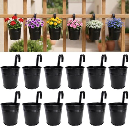 LaLaGreen Outdoor Rail Planter (6 in, 12 Pack) Black Metal Iron Fence Pots - size: 6" x 12 Pack (Black)