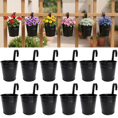 LaLaGreen Outdoor Rail Planter (6 in, 12 Pack) Black Metal Iron Fence Pots - size: 6" x 12 Pack (Black)