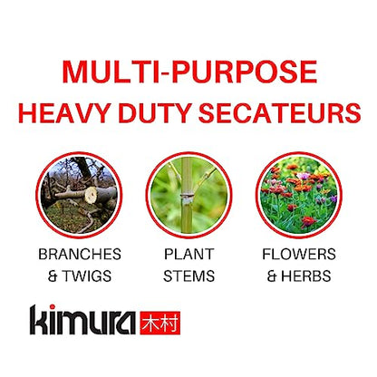 Kimura® 8" Samurai Garden Pruning Shears, [Made in Japan], Heavy Duty Premium Japanese Yasugi Steel Blades, Non-Slip Vinyl Coated Handles, Ergonomic, Japanese Bypass Pruning Shears