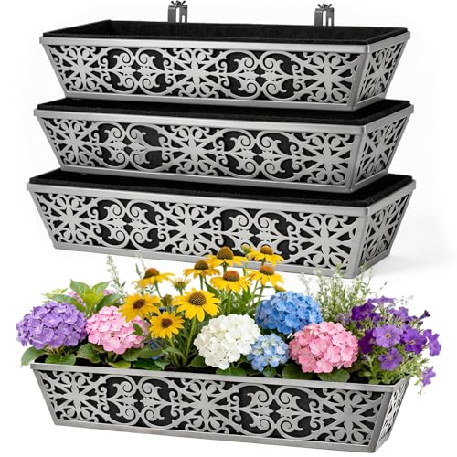 4 Pack 30 Inch Window Boxes Planter for Outdoor Plants Deck Railing Planters Box with Adjustable Brackets for Porch Fence Balcony Hanging Flower Baskets with Non-Woven Fabric Liner for Garden Décor - size: 30 Inch - 4 Pack