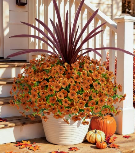 HyeFlora Artificial Fall Flowers Faux Mums for Outdoor Indoor Garden Home Decoration, Faux Flower Daisy with Orchid Leaf Fake Mums Plants Greenery Boxwood Porch Patio, 12 Bundles (Orange) - color: Orange