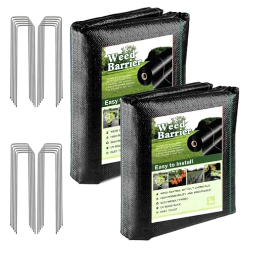 4FT x 100FT Weed Barrier Landscape Fabric (2 Pack 4x50FT) - Premium Heavy-Duty 3.2oz Gardening Weed Control Mat with 30 U-Shaped Securing Pegs - Ground Cover for Garden, Flower Bed, Yard - size: 3.2oz-2pack 4FT x 50FT