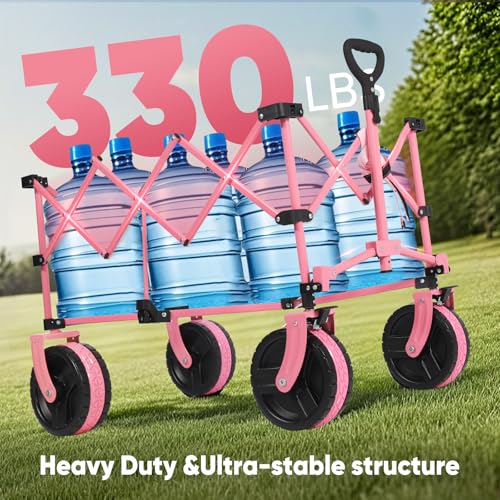 Sekey 220L Beach Wagon, 330 lb Capacity, Foldable, 8 in Wide Wheels - color: Pink