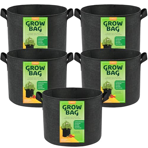 LotFancy 5 Pack 5 Gallon Grow Bags, 300G Thickened Nonwoven Fabric Pots with Reinforced Handles, Heavy Duty Aeration Planter Bags for Vegetables Flowers Fruits, Black - size: 5 Gallon（Pack of 5）