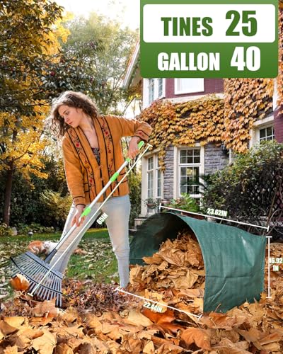 65 Inch 25 Tines Metal Leaf Rake Set with 40 Gal Dustpan-Type Bags - style: Green Dustpan