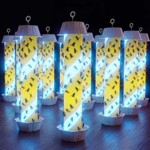 Glow in The Dark Fly Stick with Hanging Hook Adhesive Flying Bug Catcher for Outdoor & Indoor Sticky Insect Trap with Blue Fluorescent for Mosquitoes Flies Bee Wasp Moth Waterproof(White,12 Pack) - color: White