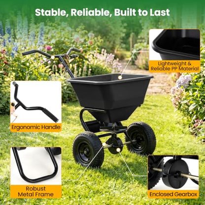 66LBS Walk-Behind Broadcast Spreader with 13" All-Terrain Pneumatic Tires, 6.5FT Spreading Width & Adjustable Flow Control, Push Fertilizer Spreader for Grass Seed, Salt & Ice Melt (Black) - color: Black