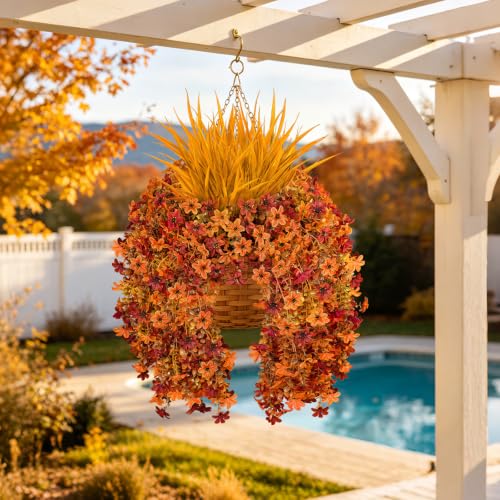 7PCS Artificial Fall Hanging Flowers for Outdoor, Six-Petaled Faux Mums - color: Orange