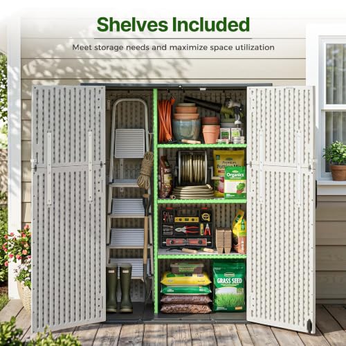 Macrout 50 Cu.Ft Plastic Outdoor Storage Cabinet with Shelves, 4.5 x 2 ft Waterproof Resin Outdoor Storage Shed with Floor, Lockable Vertical Shed for Garden and Patio ST2269 - size: Medium