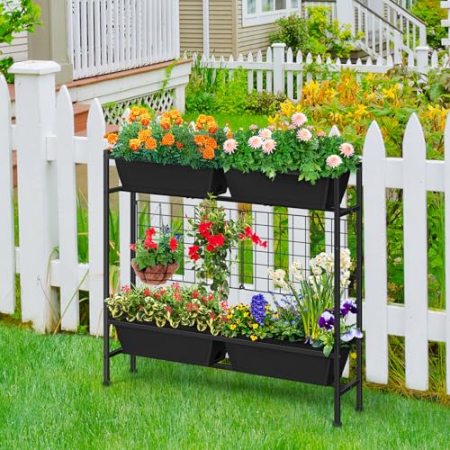 OYEAL Raised Garden Bed 32" Tall Elevated Planter Boxes with Trellis & Legs, Vertical Herb Garden Planter Outdoor for Gardening, Vegetables, Flowers, Herbs, Backyard, Black - color: Black