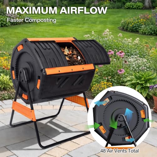 LAUSAINT HOME Dual Chamber Compost Tumbler, 52 Gallon Outdoor Rotating Composter with Sliding Doors for Garden Waste, Kitchen Scraps & Yard Debris, Black and Orange - size: 52 gallon