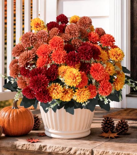 Fake Mums Artificial Fall Flowers for Outdoors Outside Decorations, 12 Bundles Silk Chrysanthemums Fall Flowers Faux Mums for Outdoor Planters Realistic UV Resistant Marigold for Porch Patio Home - color: Mums-4 Multi