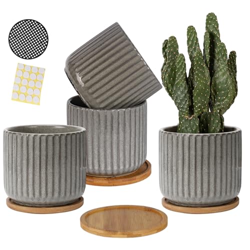 5.25 Inch Ceramic Plant Pots with Drainage Holes and Saucers, Modern Vertical Pattern Flower Pots with Trays for Indoor Planters, Snake Plant, Succulent, Cactus and Herbs, Set of 4 - color: Green-grey(5.25inch)