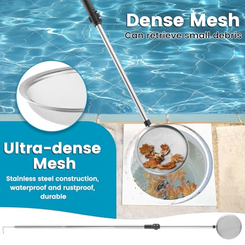 Pool Cleaning Net with Pole, 45-85" Adjustable Stainless Steel Pool Skimmer Net with Fine Mesh & Hook Pool Leaf Skimmer for Removing Leaves, Bugs & Debris