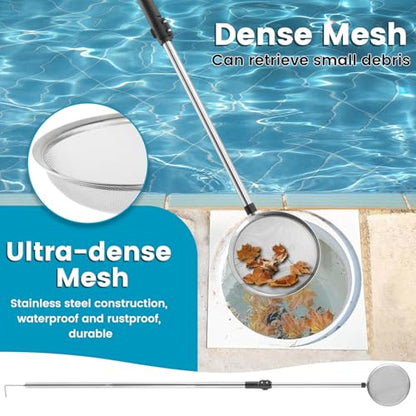 Pool Cleaning Net with Pole, 45-85" Adjustable Stainless Steel Pool Skimmer Net with Fine Mesh & Hook Pool Leaf Skimmer for Removing Leaves, Bugs & Debris