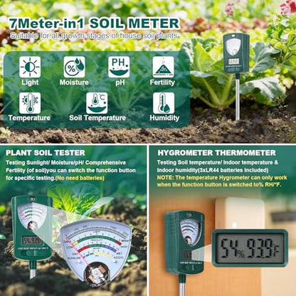 Soil Test Kit,7-in-1 Soil Moisture Meter for Indoor and Outdoor Plants