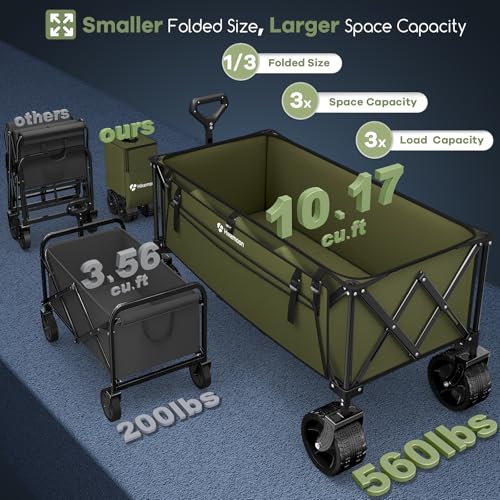 HIKEMOON 48'' Extra Large Collapsible Wagon with Big Wheels, 300L Green - color: Army Green