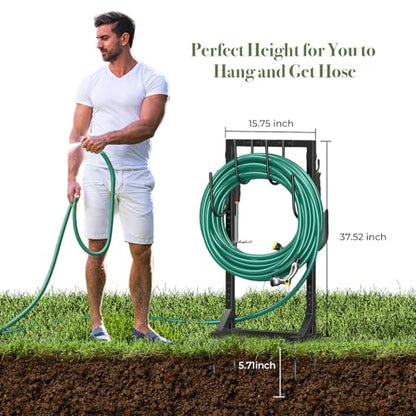 Winpull Garden Hose Holder, Metal Freestanding Hose Stand with 4 Spikes, Holds up to 150FT Hose, Sturdy Hose Reel Alternative, Heavy Duty Hose Storage for Outside Yard Lawn - color: Black-double