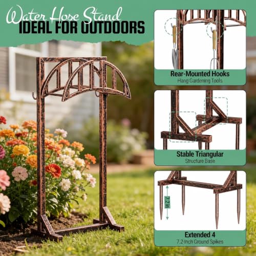 YQSLYSF Garden Hose Holder, Water Hose Stand with 4 Stake and 2 Tool Hooks, Heavy-Duty Metal Hose Storage Holds 150Ft, Freestanding Hose Hanger Rack for Outside, Yard, Lawn, Farm（Antique Bronze）
