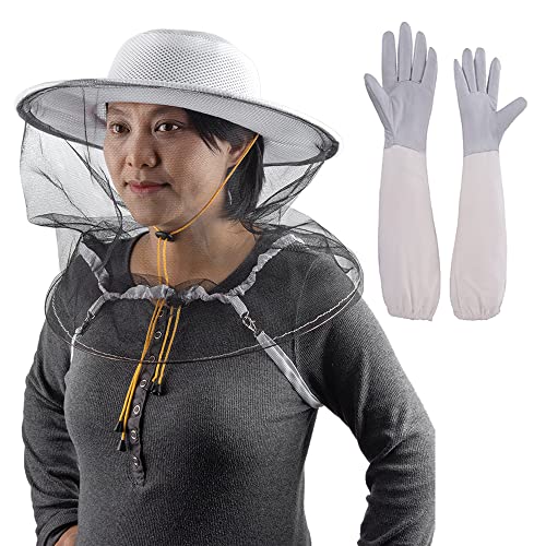 Bee Hat with Net,Beekeeper Veil Gloves,Bee Keeper Costume Mesh Cap - color: White Hat + XL Gloves