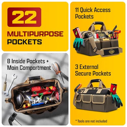 Ryker 14’’ Heavy Duty Tool Bag. Tool Box Organizer for Electricians & HVAC - color: Khaki