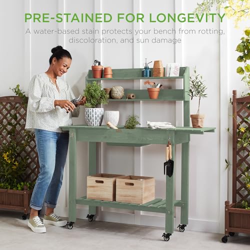 Best Choice Products Mobile Garden Potting Bench, Outdoor Wood Workstation Table w/Sliding Tabletop, 4 Locking Wheels, Food Grade Dry Sink, Storage Shelves - Sage Green - color: Sage Green