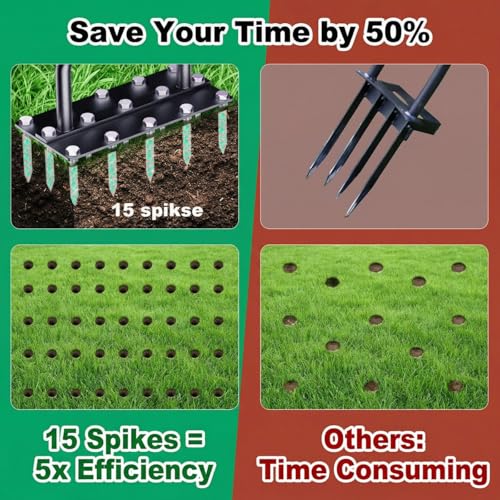 Lawn Aerator Tool with 15 Thicker Spikes, Manual Grass Aerator for Yard Care, Includes 3 Spare Spikes, Weldless U-Shaped Handle, 36 Inch(Black)