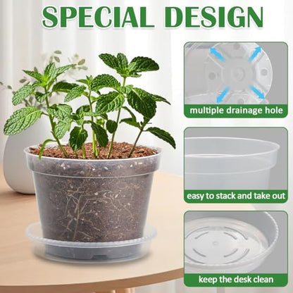 12 Pack 7 Inch Clear Nursery Pots with Saucer, Transparent Plastic Plant Pots with Drainage Holes, Sturdy Plant Starter Pots, Planter Pot for Planting Succulent Flower Herb Vegetable, Gardening Gifts - size: 7 Inch-12P