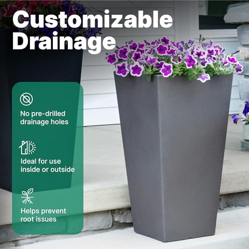 Step2 Tremont Tall Square Tapered Planter, 28 in Resin Planter, Self-Watering, Dark Cedar - color: Dark Cedar, size: 1-Pack, style: Tall