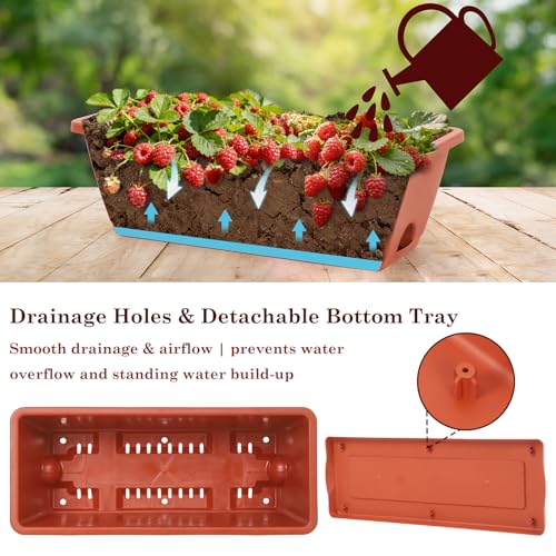 OYEAL Hanging Flower Pots for Railing Fence Outdoor Window Boxes Planter with Adjustable Hooks, Set of 2 Deck Rail Planters with 6 Detachable Plastic Planter Boxes, Drainage Holes, Brick Red - color: Brick Red