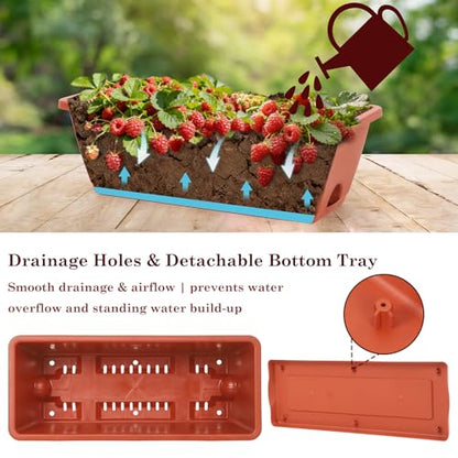 OYEAL Hanging Flower Pots for Railing Fence Outdoor Window Boxes Planter with Adjustable Hooks, Set of 2 Deck Rail Planters with 6 Detachable Plastic Planter Boxes, Drainage Holes, Brick Red - color: Brick Red