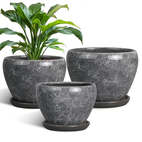 Ceramic Planters - 10 Inch 8 Inch 6 Inch Round Decorative Plant Pots with Drainage Holes and Saucers for Indoor Outdoor Flower, Room Home Apartment Decor, Gift for Women Men, Set of 3, Grey - color: Gemstone Grey
