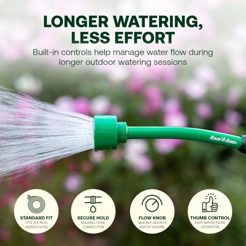 Rain Bird TCNZLWAND16 Watering Wand Garden Hose Nozzle, 16 Inch - Thumb Flow Control, Shower Spray Pattern, Comfort Grip, 3/4 in. GHT for Plants, Flower Beds & Outdoor Cleaning - Green and Black - size: Shower Pattern