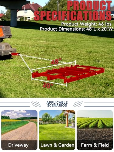 4ft Heavy Duty Drag Harrow for ATV, UTV, Tractor - Adjustable Tow Behind Leveling Rake with Weight Tray for Driveway Grader, Lawn, Field, Pasture, Food Plot Maintenance, Red(48 inch) - size: 4 ft