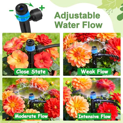 30 Pieces Quick Connect Drip Irrigation Emitters Vortex for 1/4" Tubing, Adjustable 360 Degree Water Flow Irrigation Fan Shape Spray Emitter On 5" Stake for Garden Watering System - color: Blue Quick Connect Emitter-30P