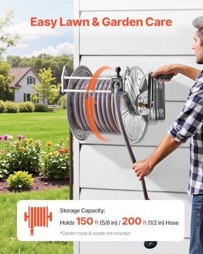 VEVOR Wall Mounted Garden Hose Reel Holds 150 ft 5/8-inch Water Hose Winder - color: Silver, size: 150ft, 5/8-inch, Wall Mounted