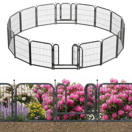 Decorative Garden Fence 36ft (L)×32in (H) with 14 Panels 2 Gate Outdoor, No Dig Rustproof Wire, Metal Animal Barrier Fencing for Yard Patio Flower Bed,（Black-Silver） - size: 32in(H)x36ft(L)