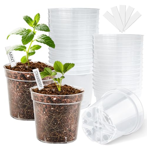 4 Inch Clear Nursery Pots for Plants, Plastic Plant Pot with Drainage Holes, Sturdy Seed Starter Pots, Small Transparent Seedling Pots with Plant Labels and Soil Screens, Gardening Gifts(30 Pack) - size: 4 Inch-30P