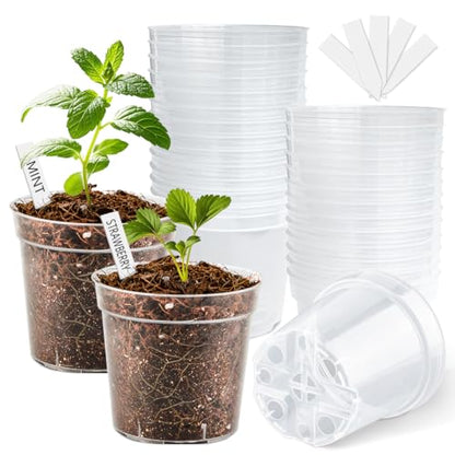 4 Inch Clear Nursery Pots for Plants, Plastic Plant Pot with Drainage Holes, Sturdy Seed Starter Pots, Small Transparent Seedling Pots with Plant Labels and Soil Screens, Gardening Gifts(30 Pack) - size: 4 Inch-30P