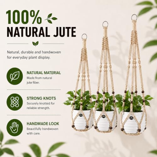 Macrame Plant Hangers with Beads for Indoor and Outdoor, 3 Pack - color: Linen