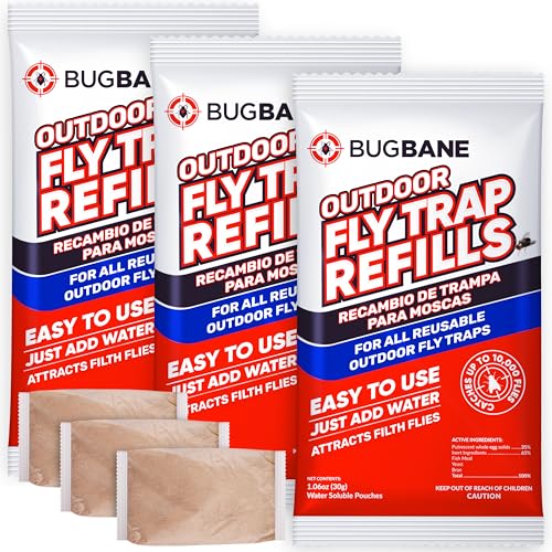 3 Reusable Outdoor Fly Trap with Chains with 9 Non-Toxic Dissolvable Bait Refills