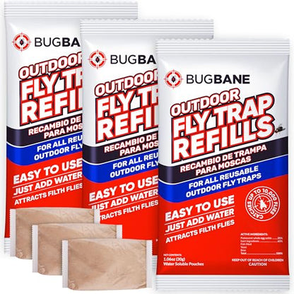 3 Reusable Outdoor Fly Trap with Chains with 9 Non-Toxic Dissolvable Bait Refills