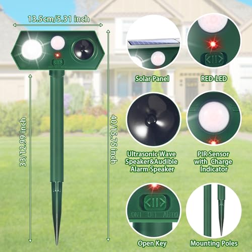 2026 Upgraded Solar Ultrasonic Animal Repellent Deer Repellent Devices with Motion Sensor & Flashing Light Cat Repellent Outdoor to Keep Squirrel Raccoon Rabbit Away from Yard Garden 2 Pack