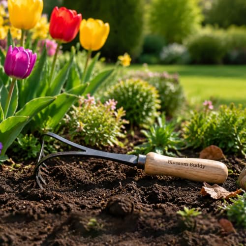 Stainless Steel Hand Rake with Wooden Handle, Garden Cultivator Tool for Soil Tilling and Weeding